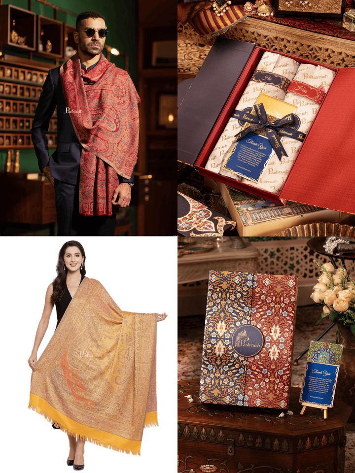 Pashtush India Gift Pack Pashtush His And Her Set Of Mens Fine Wool Stole and Womens Jamawar Shawl, Premium Gift Box Packaging, Maroon and Mustard