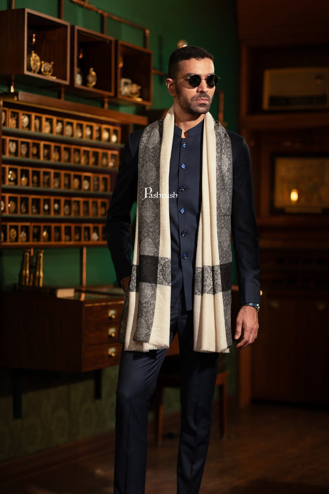 Pashtush India Gift Pack Pashtush His And Her Set Of Mens Fine Wool Stole and Womens Reversible Stole, Premium Gift Box Packaging, Beige