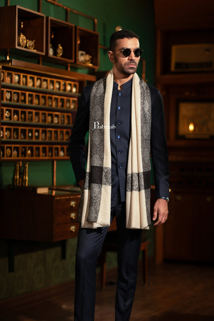 Pashtush India Gift Pack Pashtush His And Her Set Of Mens Fine Wool Stole and Womens Reversible Stole, Premium Gift Box Packaging, Beige
