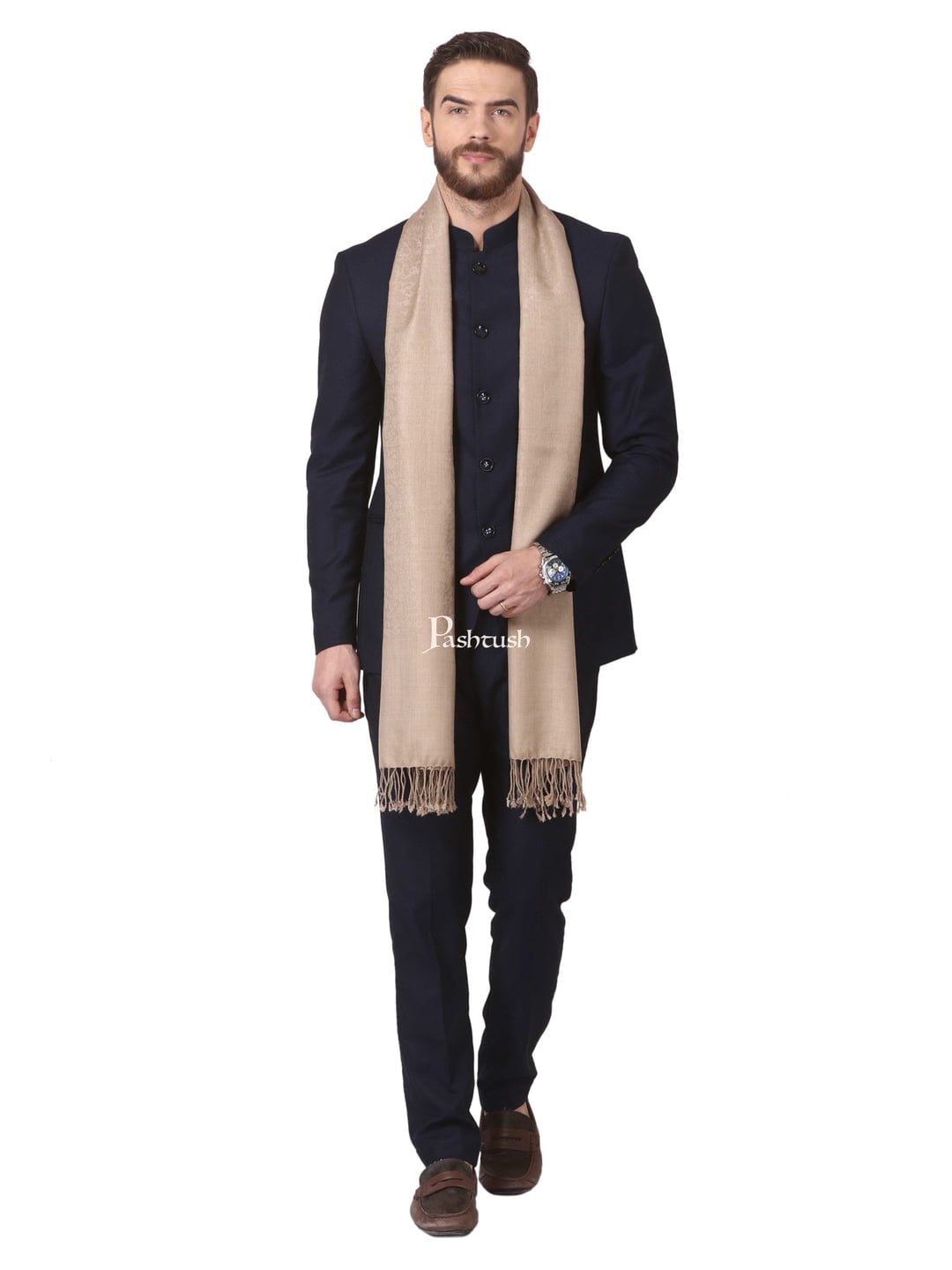 Pashtush India Gift Pack Pashtush His And Her Set Of Mens Fine Wool Stole and Womens Twilight Stole, Premium Gift Box Packaging, Beige and Gold