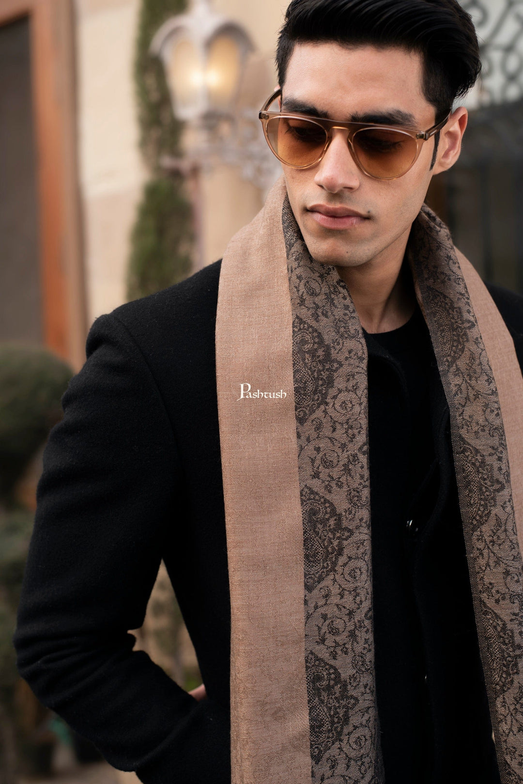 Pashtush India Gift Pack Pashtush His And Her Set Of Mens Fine Wool Stoles, Premium Gift Box Packaging, Beige and Black