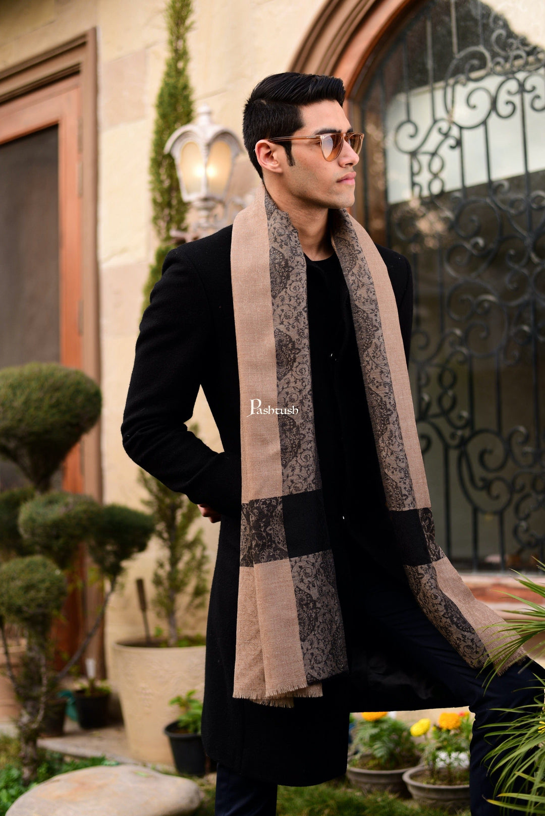 Pashtush India Gift Pack Pashtush His And Her Set Of Mens Fine Wool Stoles, Premium Gift Box Packaging, Beige and Black
