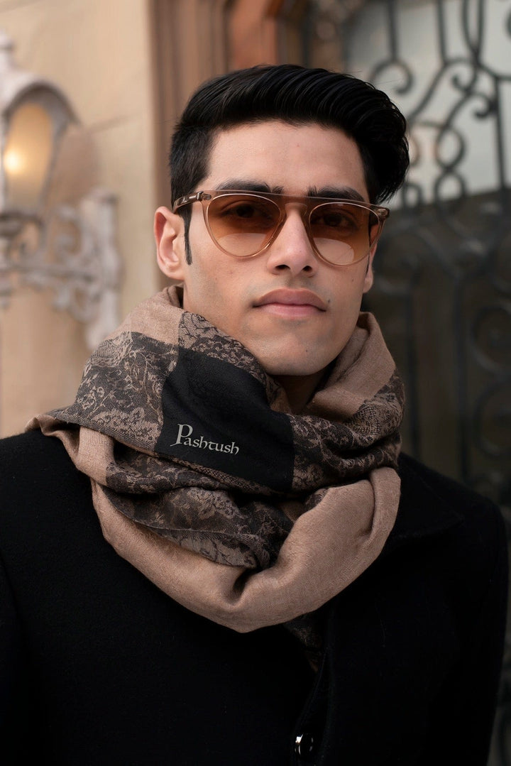 Pashtush India Gift Pack Pashtush His And Her Set Of Mens Fine Wool Stoles, Premium Gift Box Packaging, Beige and Black