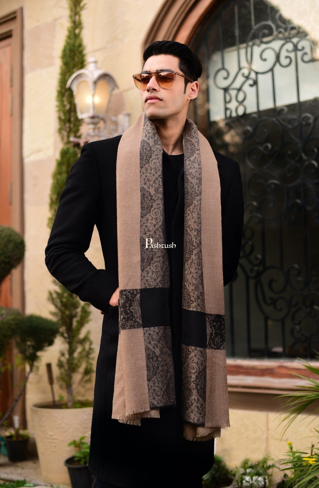 Pashtush India Gift Pack Pashtush His And Her Set Of Mens Fine Wool Stoles, Premium Gift Box Packaging, Beige and Black