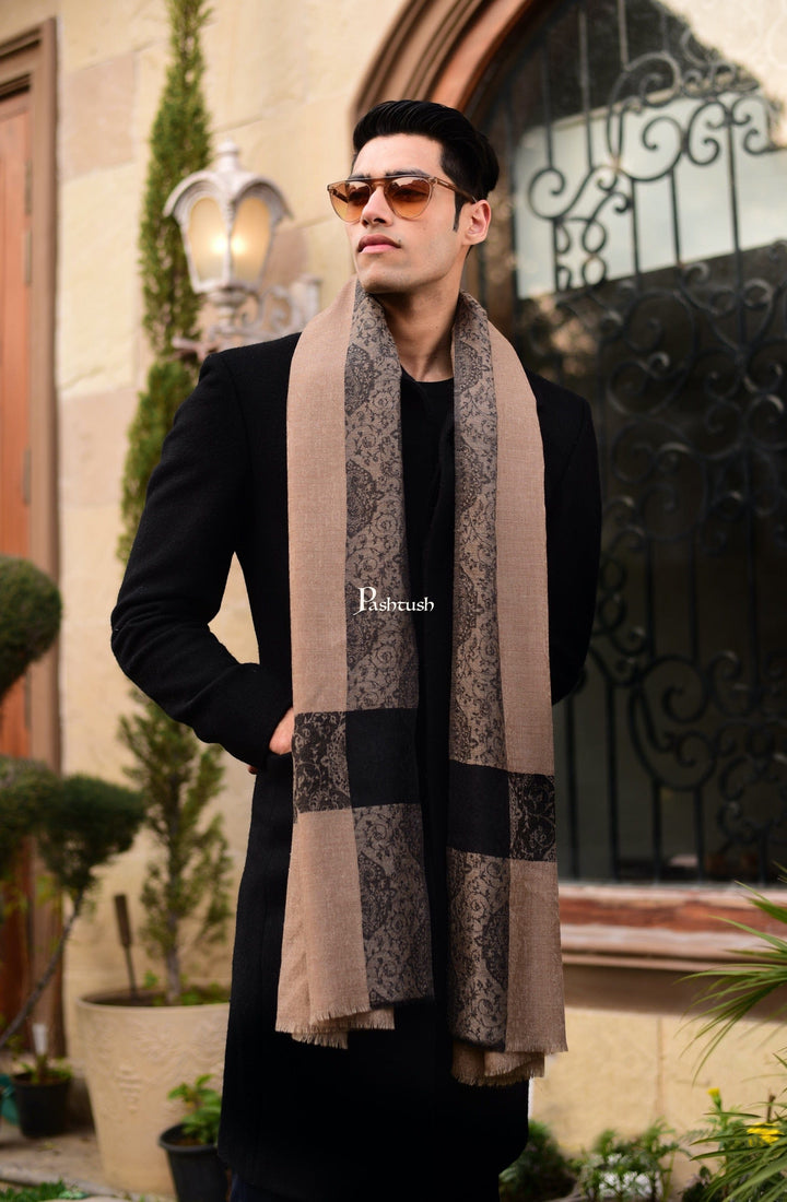 Pashtush India Gift Pack Pashtush His And Her Set Of Mens Fine Wool Stoles, Premium Gift Box Packaging, Beige and Black