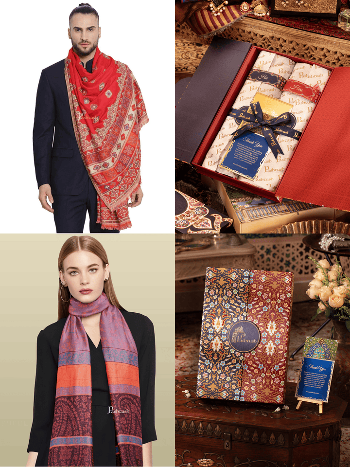 Pashtush India Gift Pack Pashtush His And Her Set Of Mens Jamawar Stole and Womens Bamboo Stole, Premium Gift Box Packaging, Maroon and Red