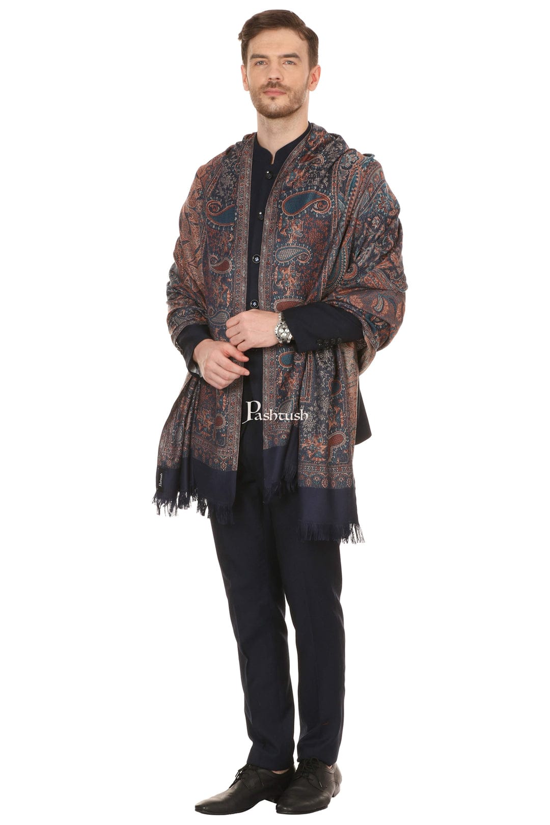 Pashtush India Gift Pack Pashtush His And Her Set Of Mens Jamawar Stole and Womens Bamboo Stole, Premium Gift Box Packaging, Navy Blue and Multicolour