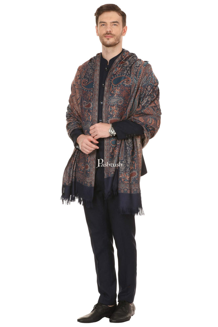 Pashtush India Gift Pack Pashtush His And Her Set Of Mens Jamawar Stole and Womens Bamboo Stole, Premium Gift Box Packaging, Navy Blue and Multicolour