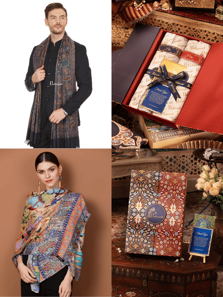 Pashtush India Gift Pack Pashtush His And Her Set Of Mens Jamawar Stole and Womens Bamboo Stole, Premium Gift Box Packaging, Navy Blue and Multicolour
