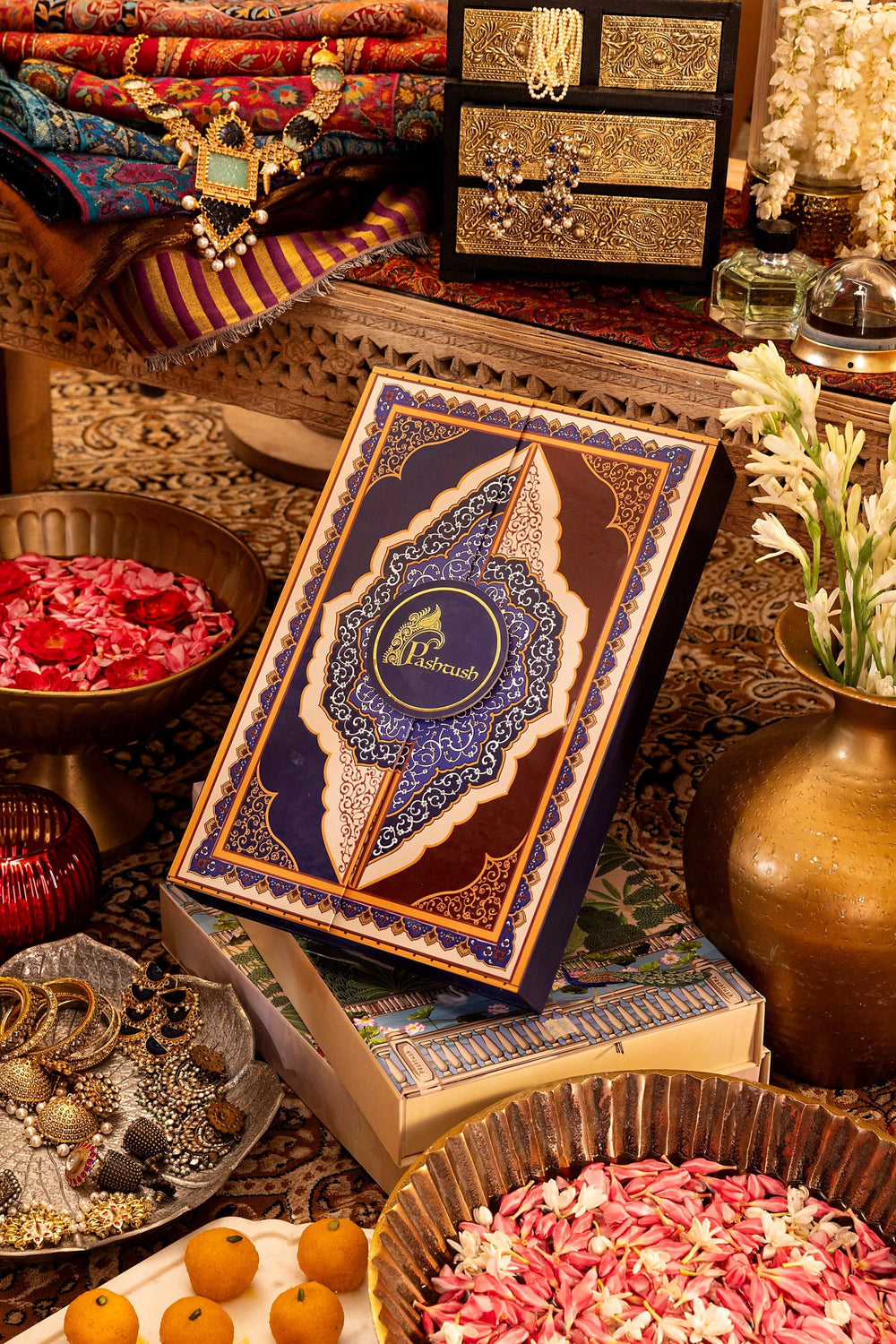 Pashtush India Gift Pack Pashtush His And Her Set Of Mens Jamawar Stole and Womens Extra Fine Wool Shawl, Premium Gift Box Packaging, Navy Blue and Rose