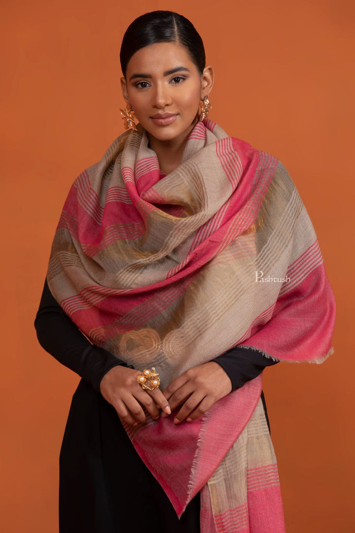 Pashtush India Gift Pack Pashtush His And Her Set Of Mens Jamawar Stole and Womens Extra Fine Wool Stole, Premium Gift Box Packaging, Ivory and Pink