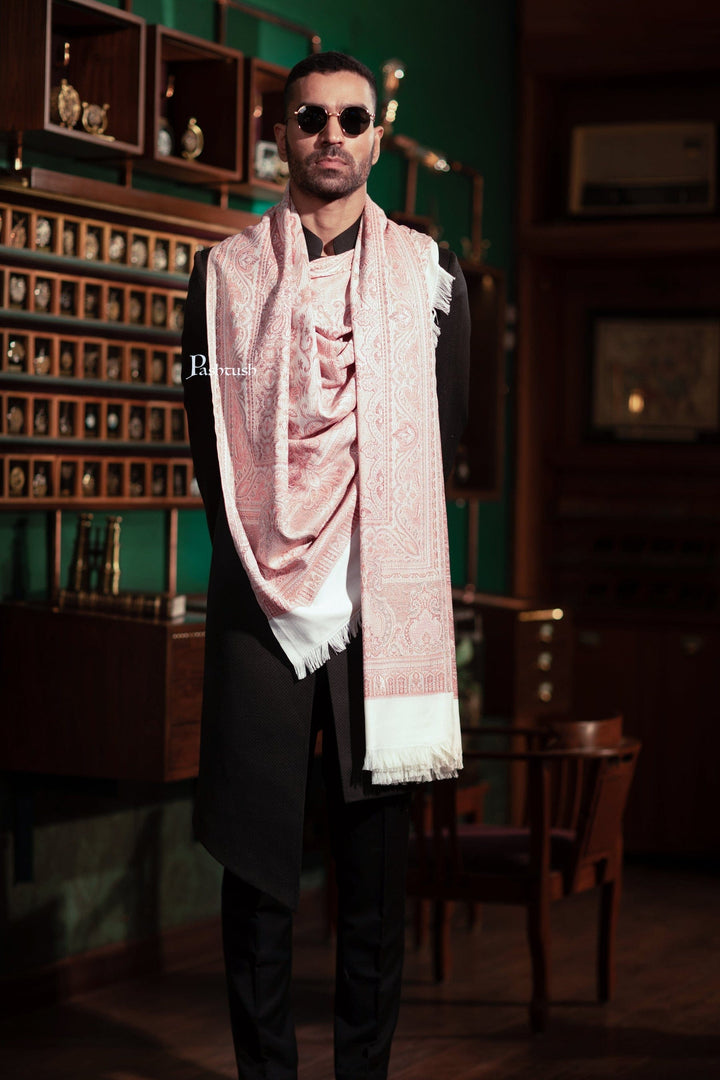 Pashtush India Gift Pack Pashtush His And Her Set Of Mens Jamawar Stole and Womens Extra Fine Wool Stole, Premium Gift Box Packaging, Ivory and Pink