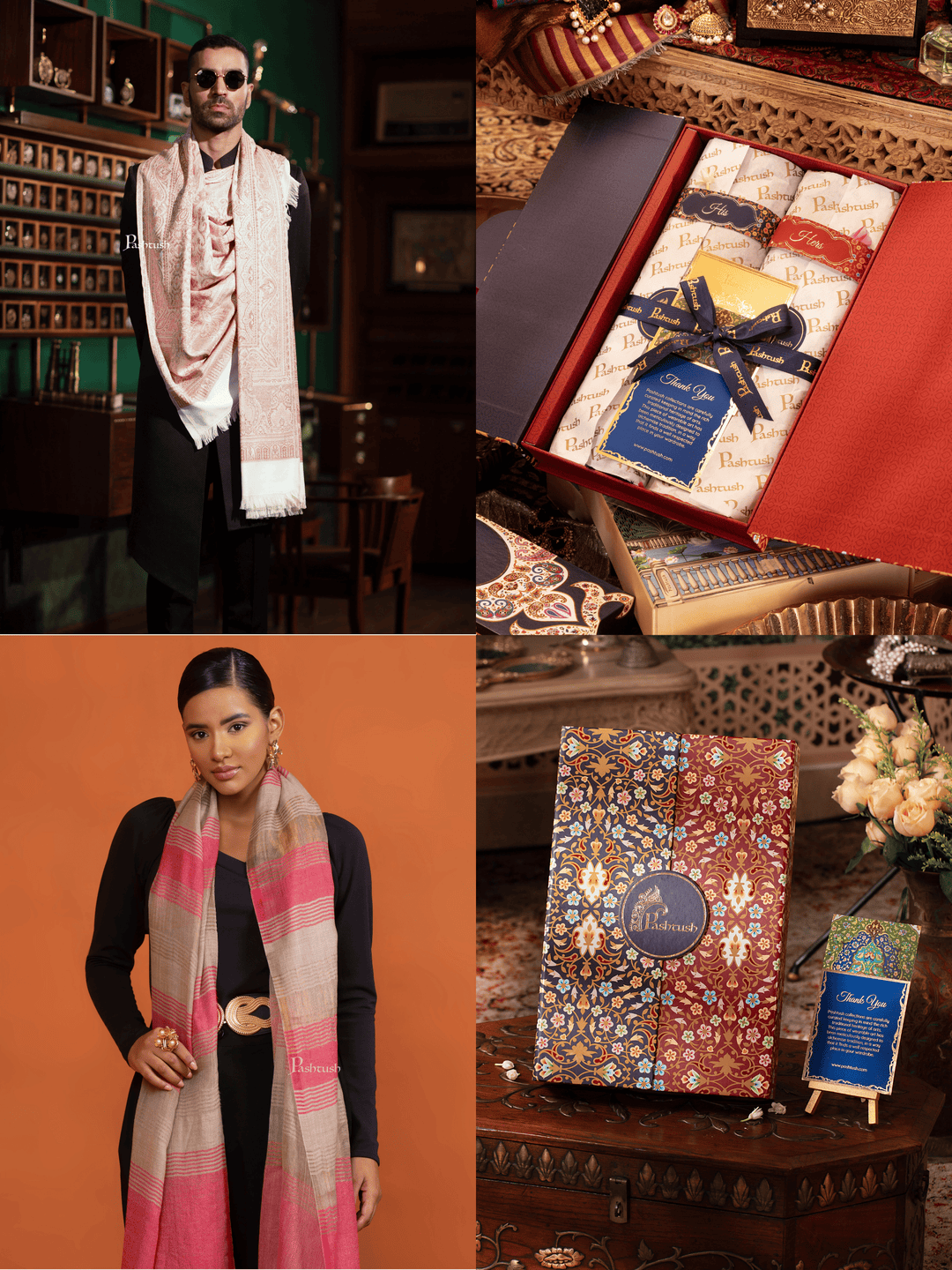 Pashtush India Gift Pack Pashtush His And Her Set Of Mens Jamawar Stole and Womens Extra Fine Wool Stole, Premium Gift Box Packaging, Ivory and Pink
