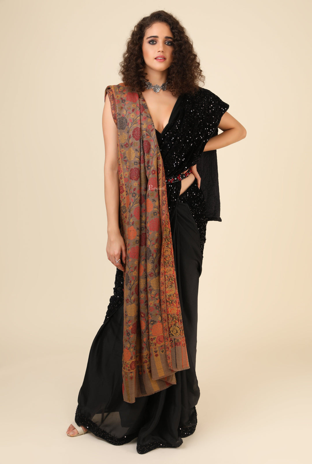 Pashtush India Gift Pack Pashtush His And Her Set Of Mens Jamawar Stole and Womens Jacquard Stole, Premium Gift Box Packaging, Black and Multicoloured