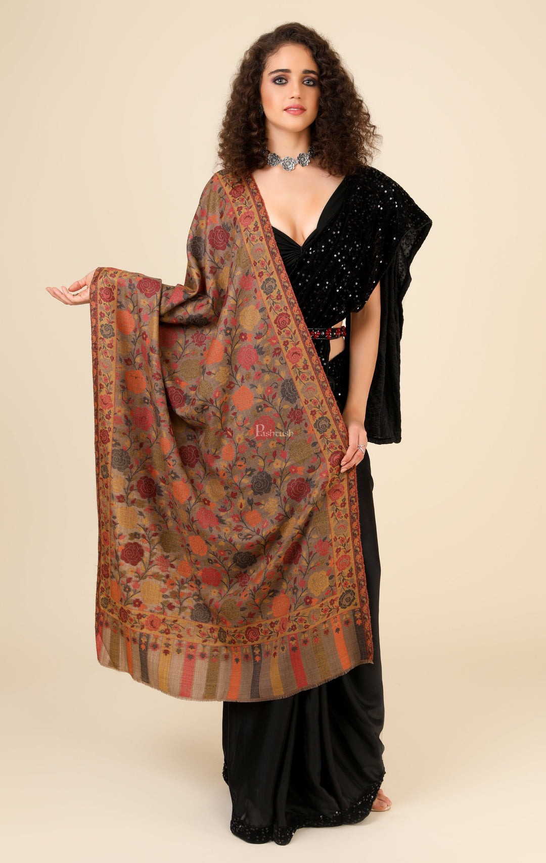 Pashtush India Gift Pack Pashtush His And Her Set Of Mens Jamawar Stole and Womens Jacquard Stole, Premium Gift Box Packaging, Black and Multicoloured