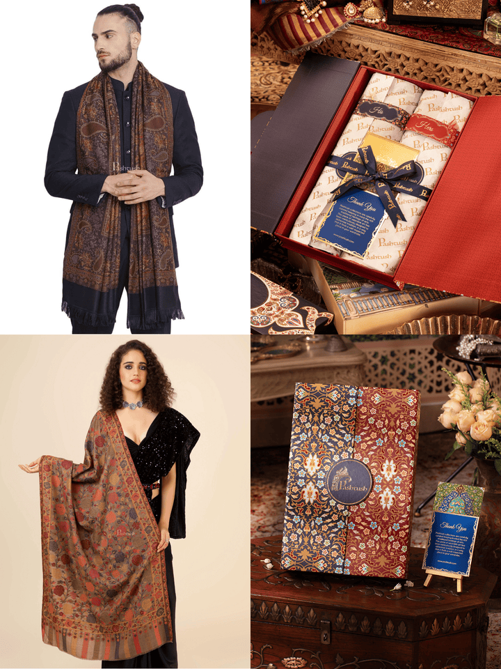 Pashtush India Gift Pack Pashtush His And Her Set Of Mens Jamawar Stole and Womens Jacquard Stole, Premium Gift Box Packaging, Black and Multicoloured