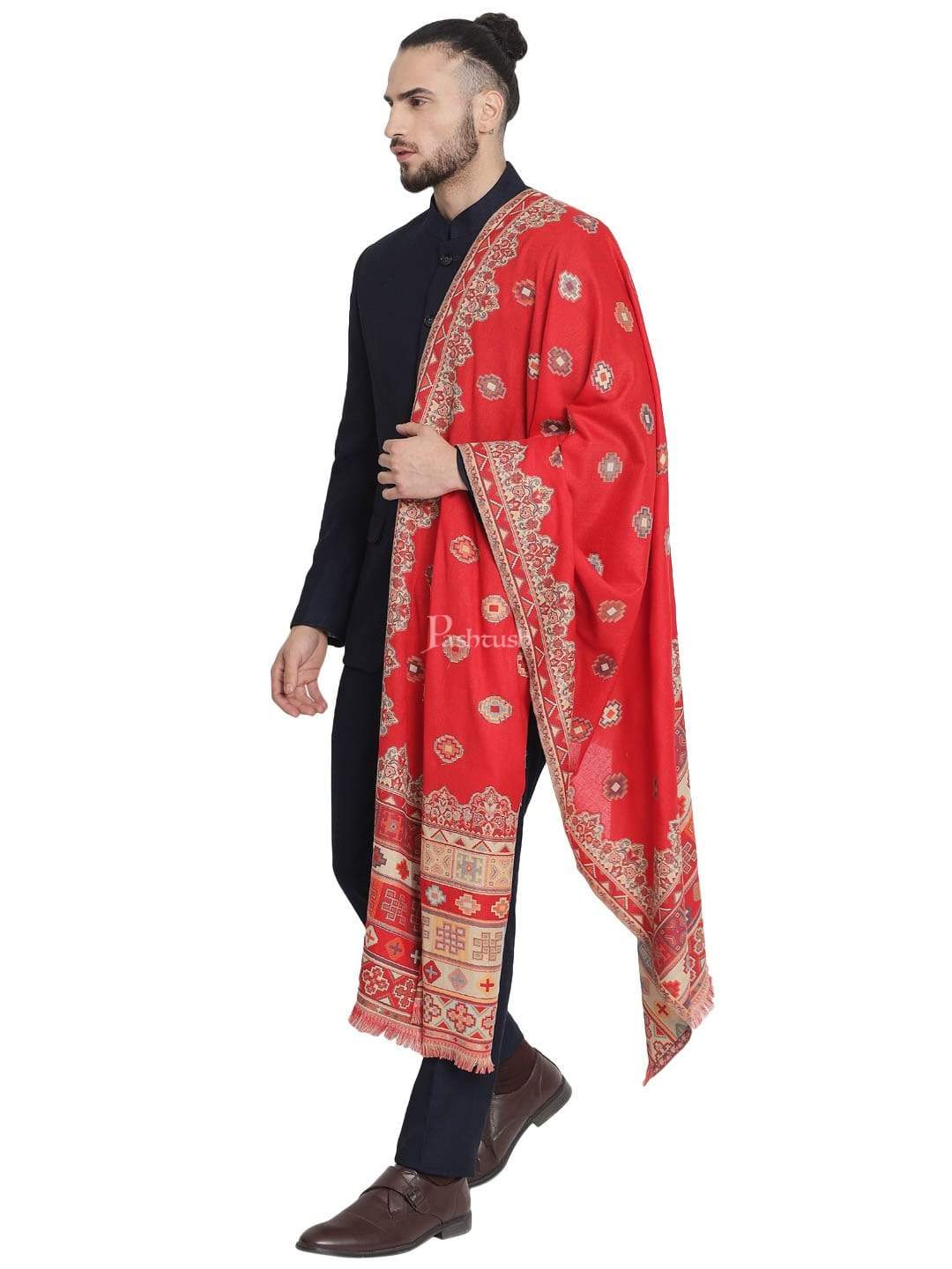 Pashtush India Gift Pack Pashtush His And Her Set Of Mens Jamawar Stole and Womens Shawl, Premium Gift Box Packaging, Maroon and Black