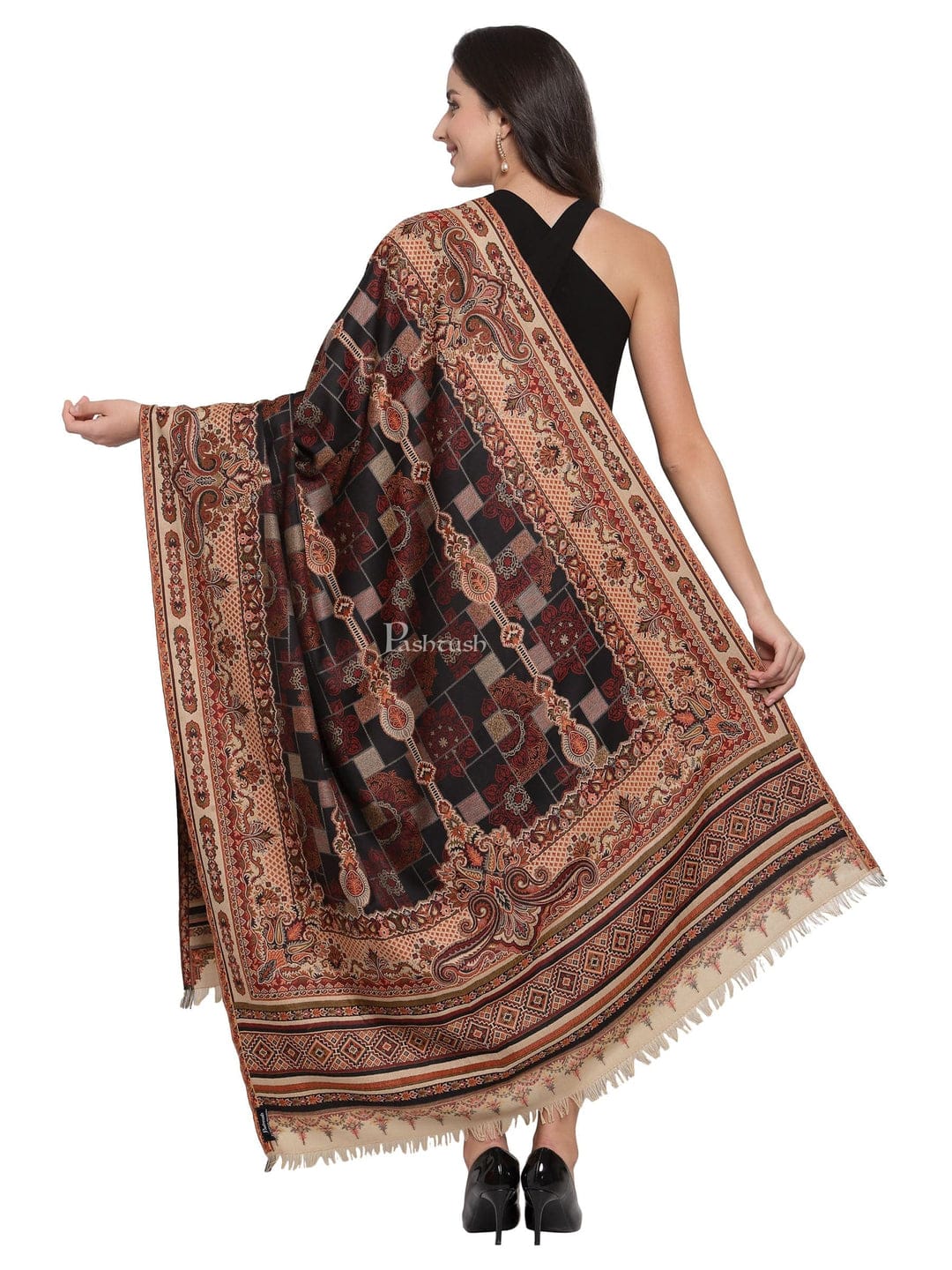 Pashtush India Gift Pack Pashtush His And Her Set Of Mens Jamawar Stole and Womens Shawl, Premium Gift Box Packaging, Maroon and Black