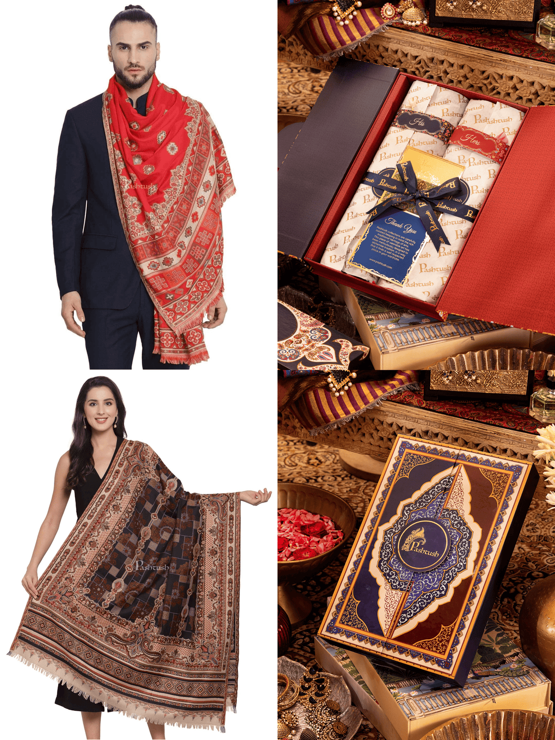 Pashtush India Gift Pack Pashtush His And Her Set Of Mens Jamawar Stole and Womens Shawl, Premium Gift Box Packaging, Maroon and Black
