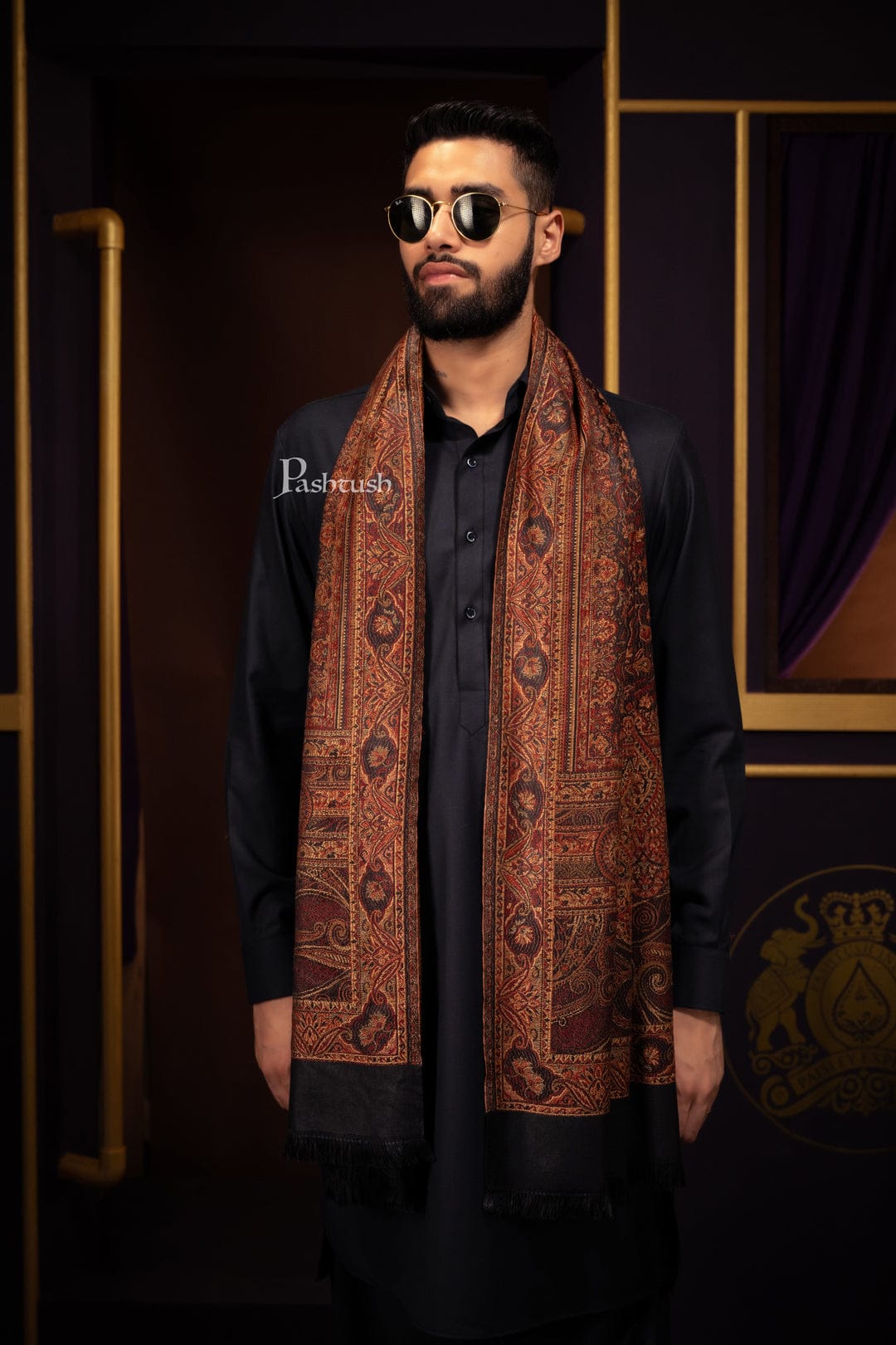 Pashtush India Gift Pack Pashtush His And Her Set Of Mens Jamawar Stole and Womens Twilight Shawl, Premium Gift Box Packaging, Black and Beige