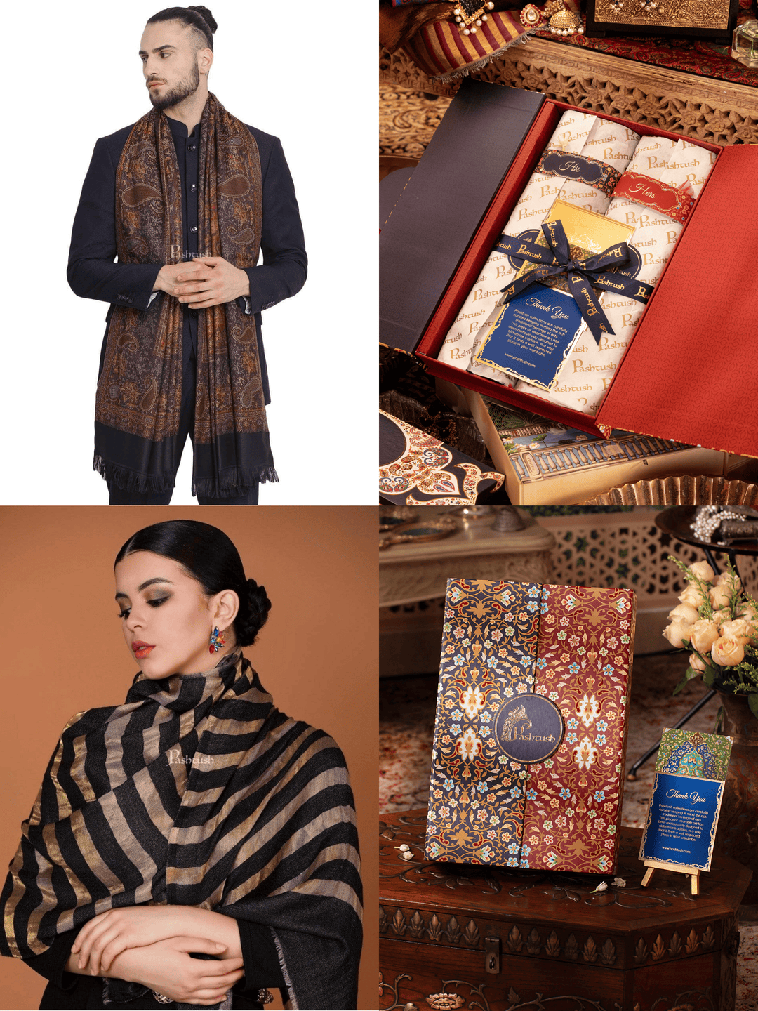 Pashtush India Gift Pack Pashtush His And Her Set Of Mens Jamawar Stole and Womens Twilight Stole, Premium Gift Box Packaging, Black