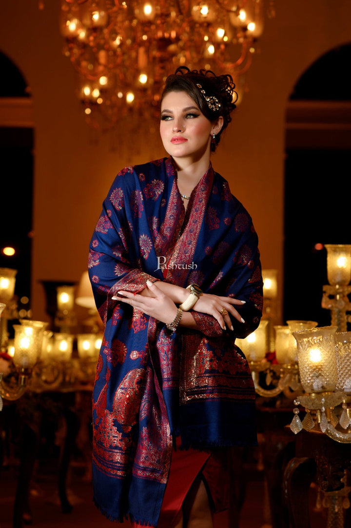 Pashtush India Gift Pack Pashtush His And Her Set Of Mens Jamawar Stole and Womens Twilight Stole, Premium Gift Box Packaging, Navy Blue