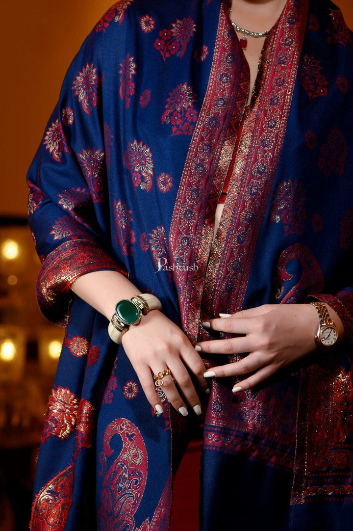 Pashtush India Gift Pack Pashtush His And Her Set Of Mens Jamawar Stole and Womens Twilight Stole, Premium Gift Box Packaging, Navy Blue