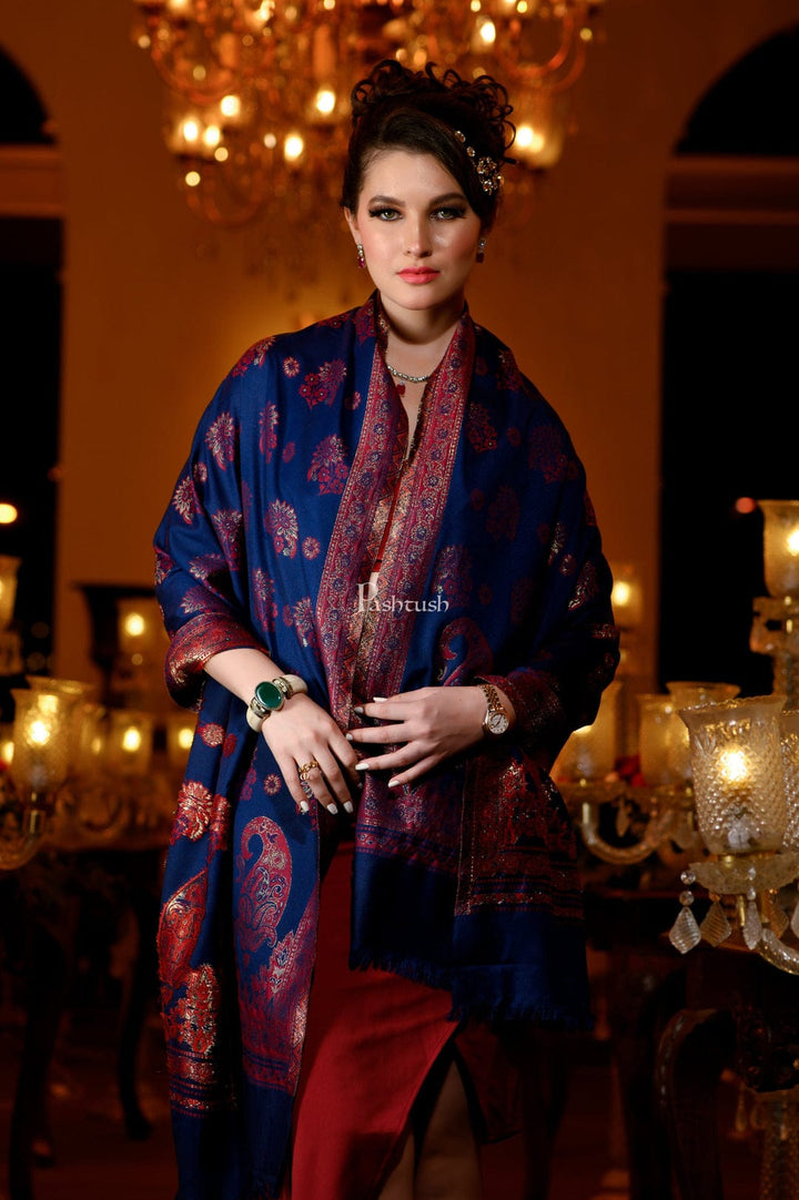 Pashtush India Gift Pack Pashtush His And Her Set Of Mens Jamawar Stole and Womens Twilight Stole, Premium Gift Box Packaging, Navy Blue