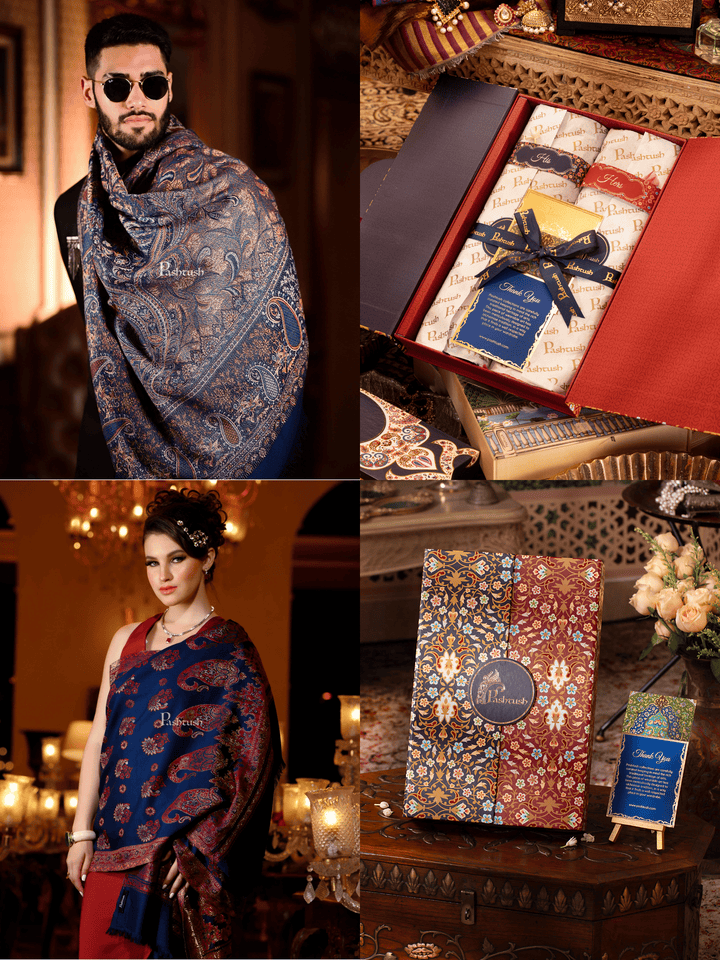 Pashtush India Gift Pack Pashtush His And Her Set Of Mens Jamawar Stole and Womens Twilight Stole, Premium Gift Box Packaging, Navy Blue