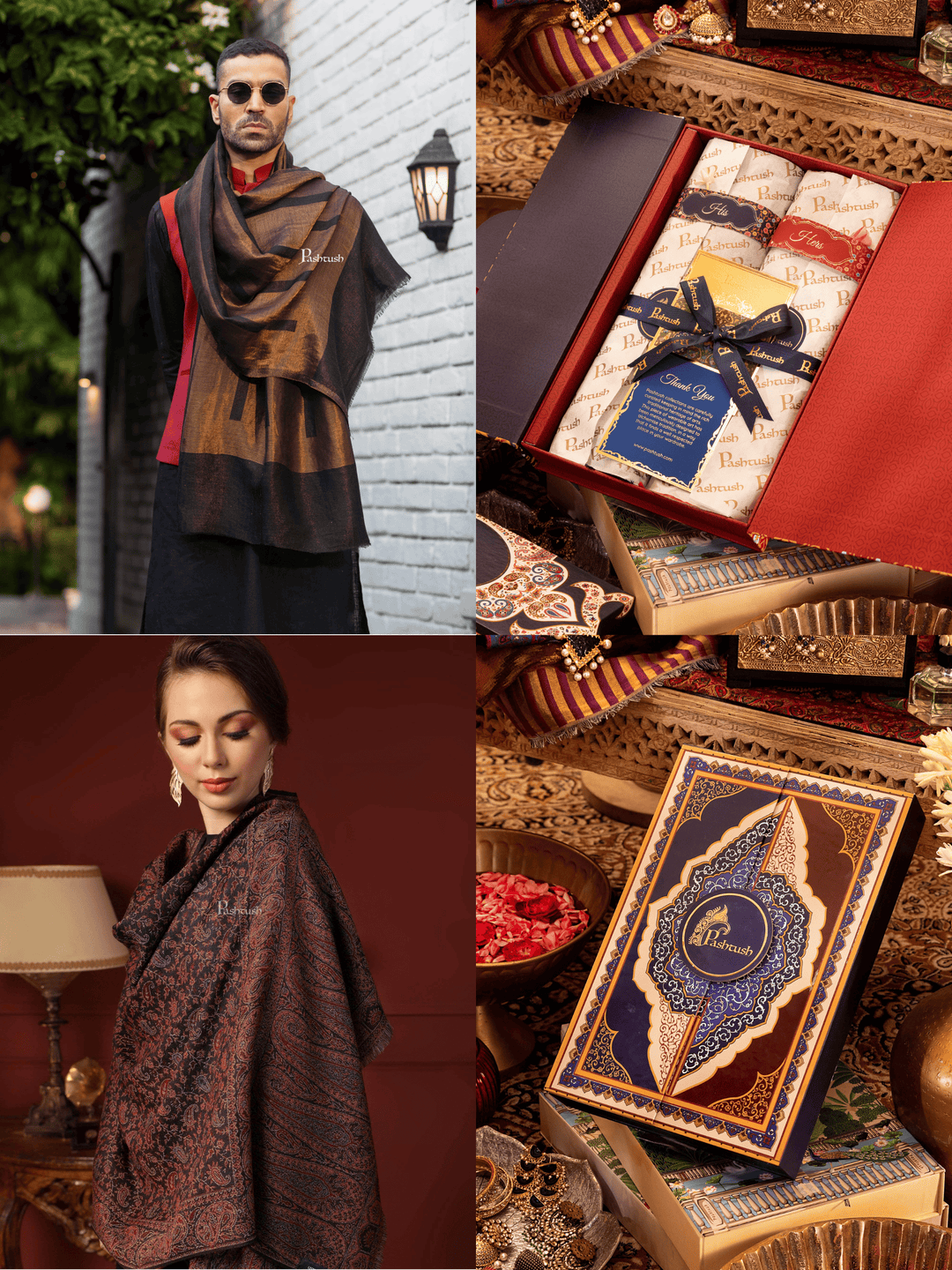 Pashtush India Gift Pack Pashtush His And Her Set Of Mens Twilight Stole and Womens Fine Wool Stole, Premium Gift Box Packaging, Gold and Black
