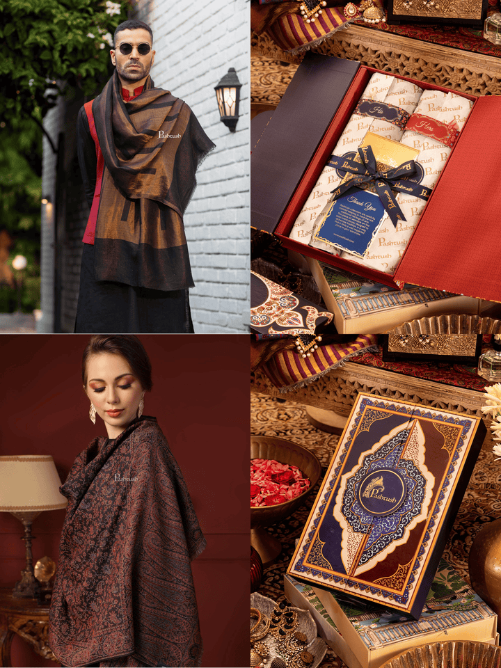 Pashtush India Gift Pack Pashtush His And Her Set Of Mens Twilight Stole and Womens Fine Wool Stole, Premium Gift Box Packaging, Gold and Black