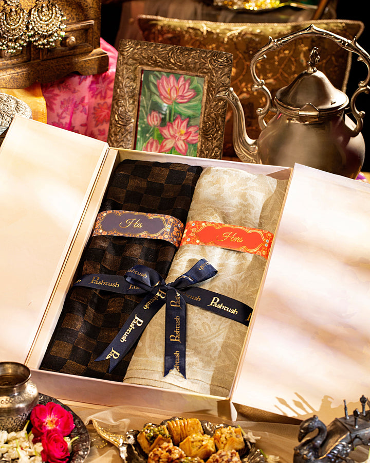 Pashtush India Gift Pack Pashtush His And Her Set Of Metallic Weave Check Stole and Shawl With Premium Gift Box Packaging, Black and Ivory