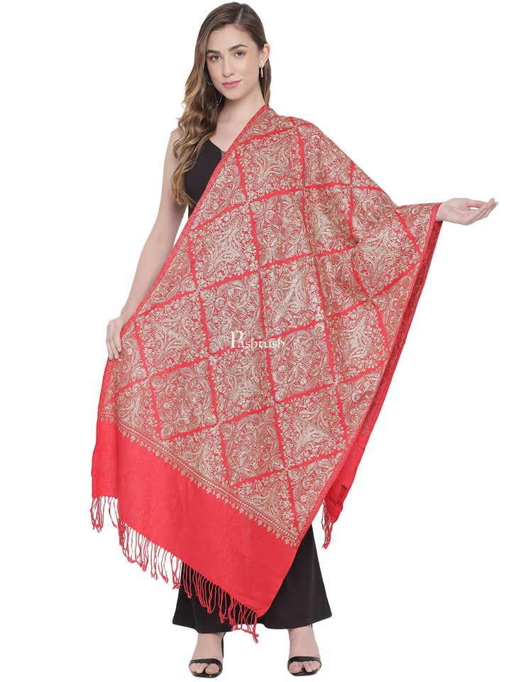 Pashtush India Gift Pack Pashtush His And Her Set Of Nalki Embroidery Stoles With Premium Gift Box Packaging, Beige and Red