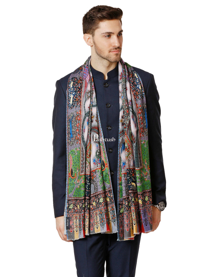 Pashtush India Gift Pack Pashtush His And Her Set Of Printed Bamboo Stole and Fine Wool Embroidery Shawl With Premium Gift Box Packaging, Multicolour and Green