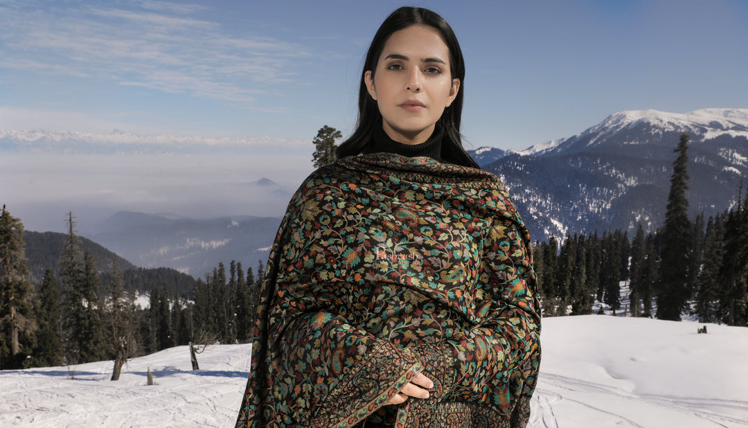 Pashtush India Gift Pack Pashtush His And Her Set Of Pure Wool Shawl and Ethnic Weave Shawl With Wooden Chester Box, Beige and Multi colour