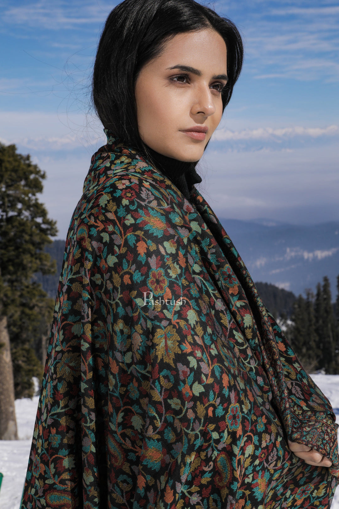 Pashtush India Gift Pack Pashtush His And Her Set Of Pure Wool Shawl and Ethnic Weave Shawl With Wooden Chester Box, Beige and Multi colour