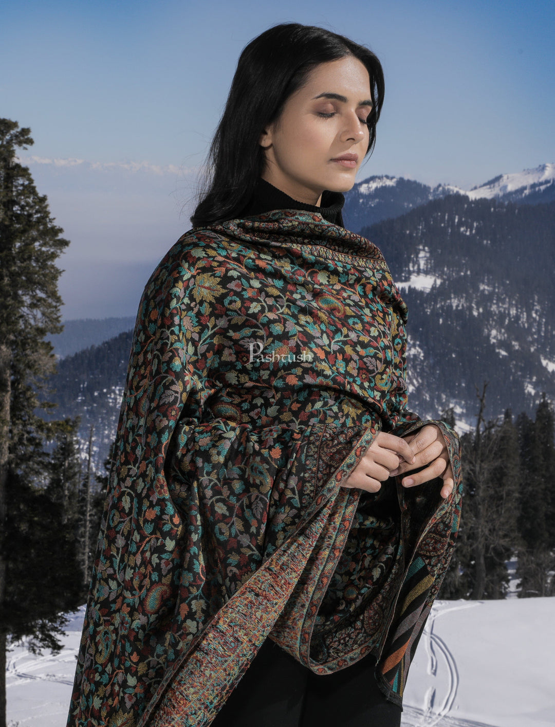 Pashtush India Gift Pack Pashtush His And Her Set Of Pure Wool Shawl and Ethnic Weave Shawl With Wooden Chester Box, Beige and Multi colour