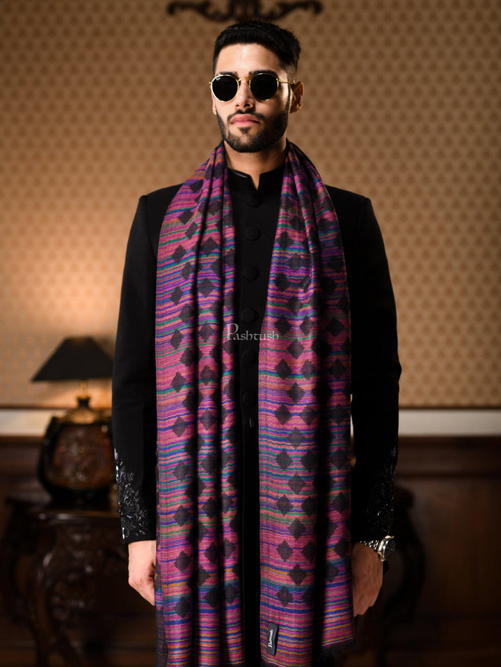 Pashtush India Gift Pack Pashtush His And Her Set Of Reversible Pure Wool Stole and Pure Ethnic Weave Shawl With Wooden Chester Box, Multi Colour