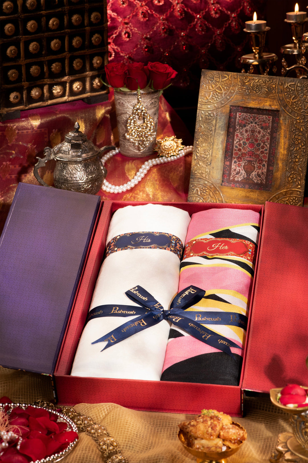 Pashtush India Gift Pack Pashtush His And Her Set Of Self and Bamboo Print Stoles With Premium Gift Box Packaging, Ivory and Multi Colour