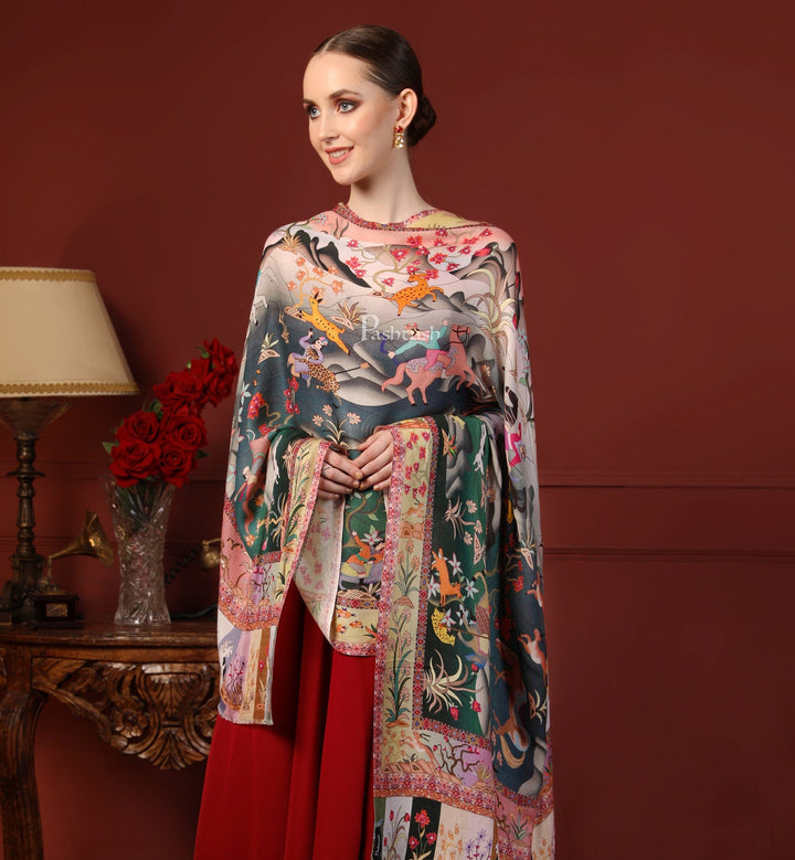 Pashtush India Gift Pack Pashtush His And Her Set Of Self and Bamboo Printed Stoles With Premium Gift Box Packaging, Emerald Green and Multi color
