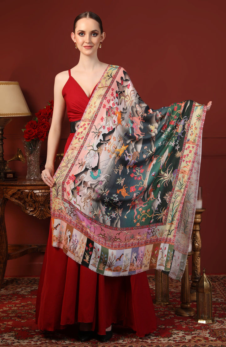 Pashtush India Gift Pack Pashtush His And Her Set Of Self and Bamboo Printed Stoles With Premium Gift Box Packaging, Emerald Green and Multi color