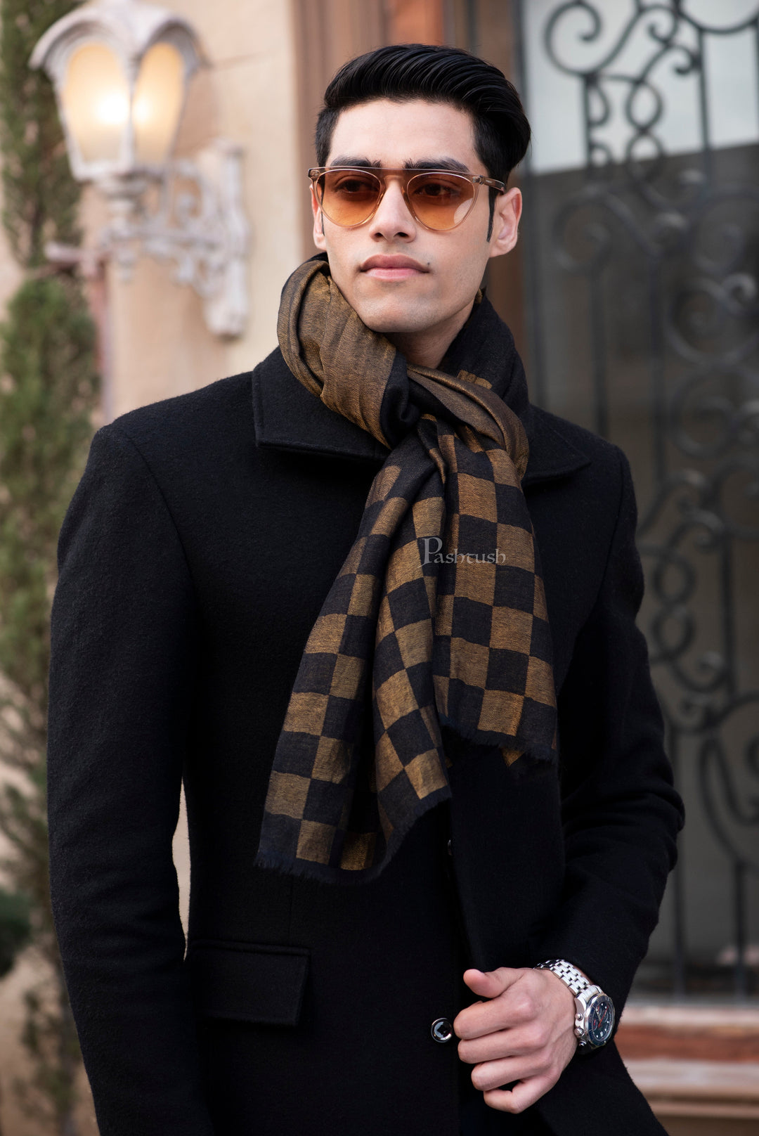 Pashtush India Gift Pack Pashtush His And Her Set Of Twilight Checkered Stole and Paisley Weave Shawl With Premium Gift Box Packaging, Black and Ivory