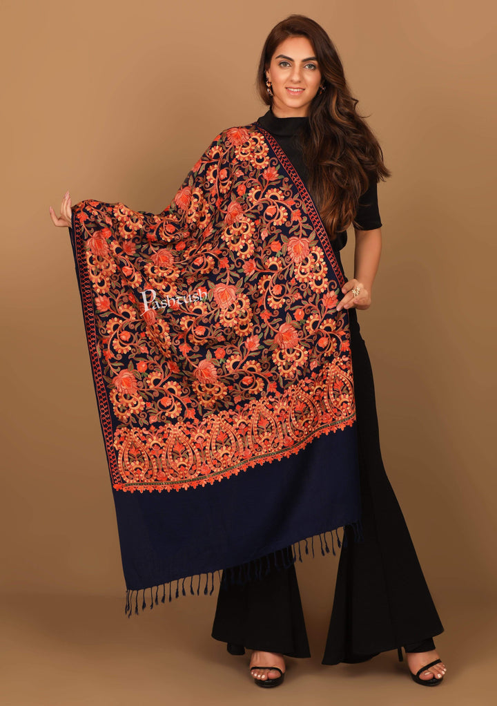 Pashtush India Stole Pashtush Kashmiri Aari Embroidery Stole, Fine Wool, Navy Blue