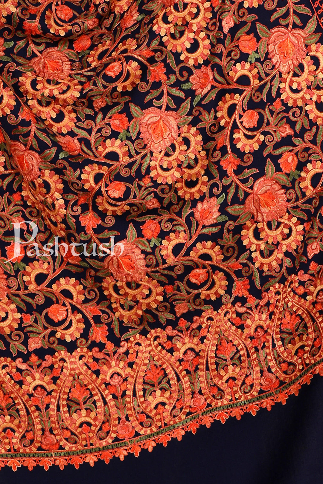 Pashtush India Stole Pashtush Kashmiri Aari Embroidery Stole, Fine Wool, Navy Blue