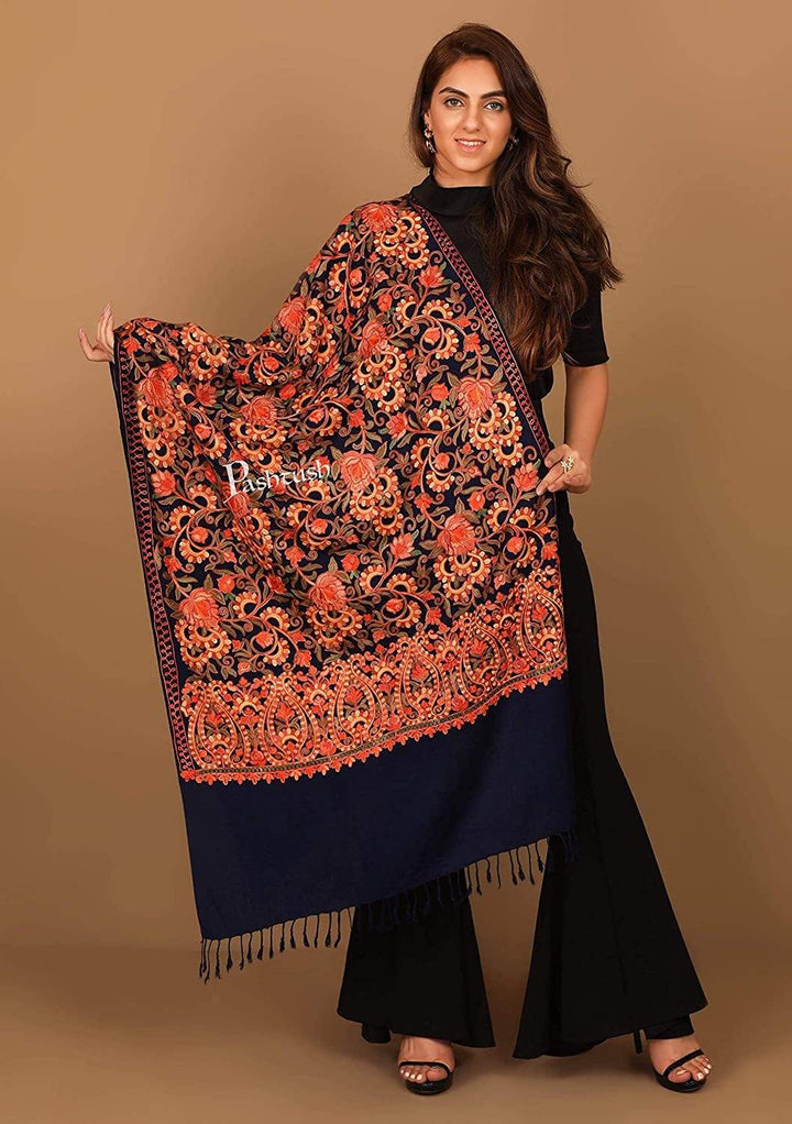 Pashtush India 70x200 Pashtush Kashmiri Aari Embroidery Stole, Fine Wool, Navy Blue