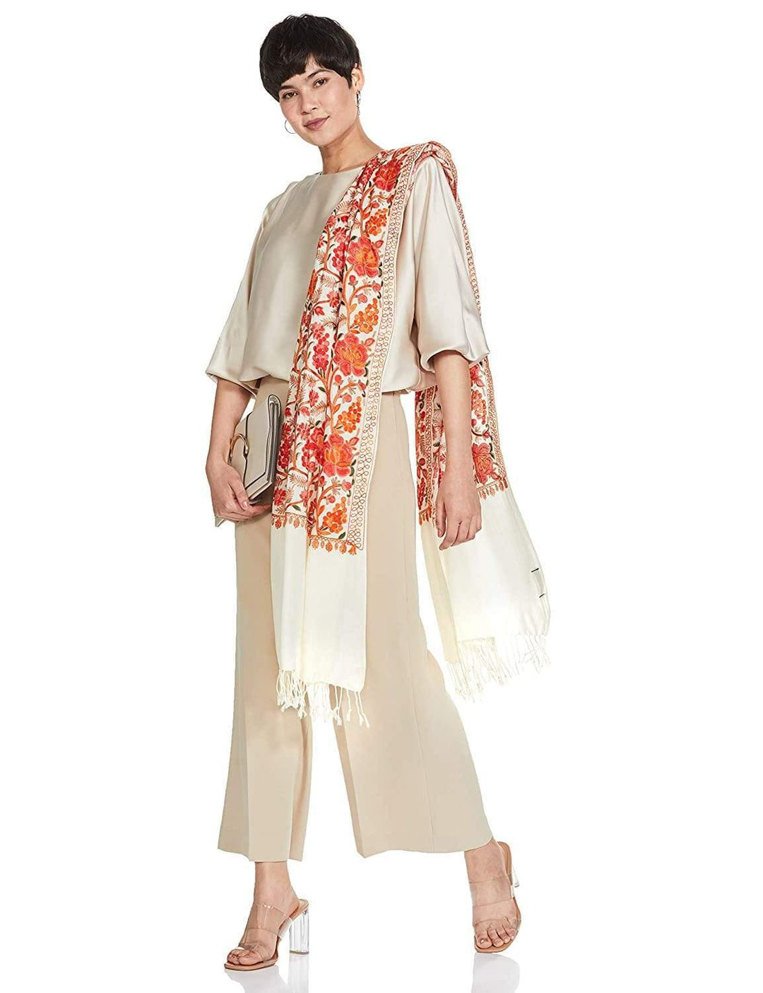 Pashtush India 70x200 Pashtush Kashmiri Aari Embroidery Stole, Fine Wool, White