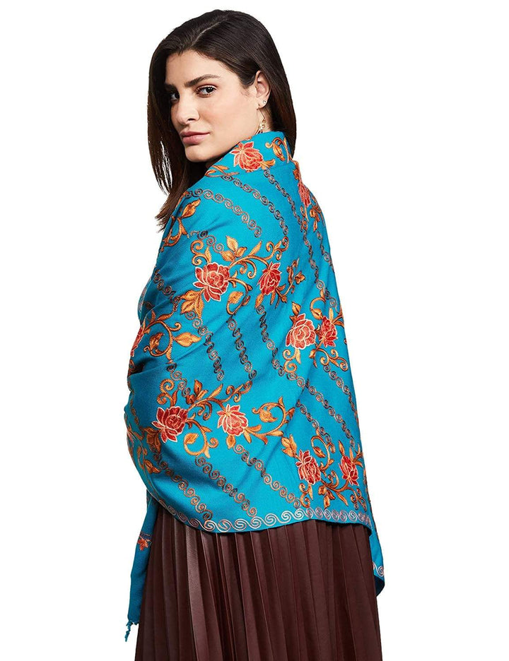 Pashtush India 70x200 Pashtush Kashmiri Aari Embroidery, Woollen Stole, Blue