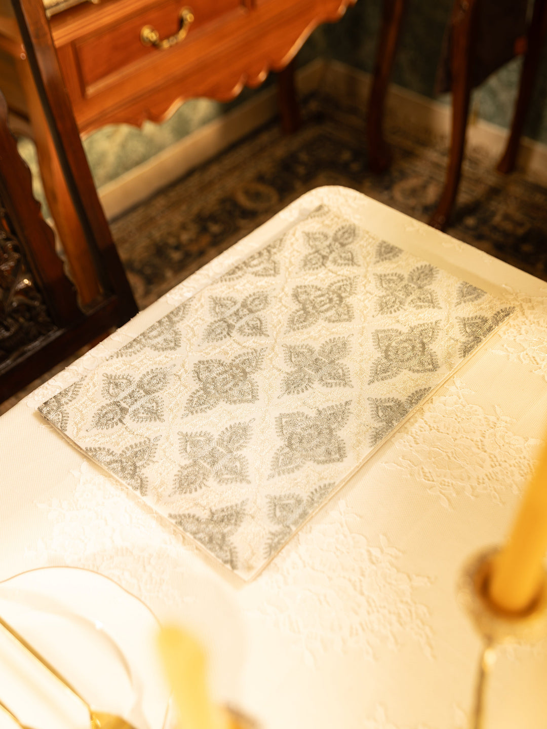 Pashtush India Gift Pack Pashtush Luxury Table Mats, Nalki Embroidery Collection, Ivory (Mats Only)