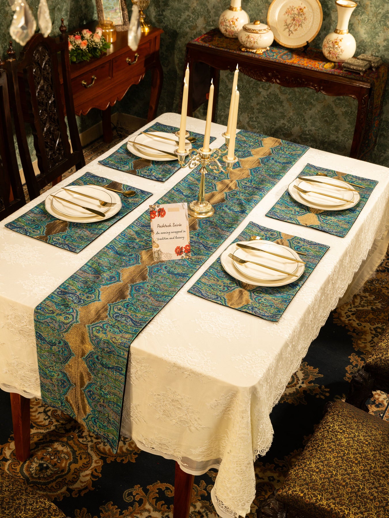 Arabic Table Runner Pashtush Luxury Table Runner, Twilight Collection, Arabic Sea Blue ...