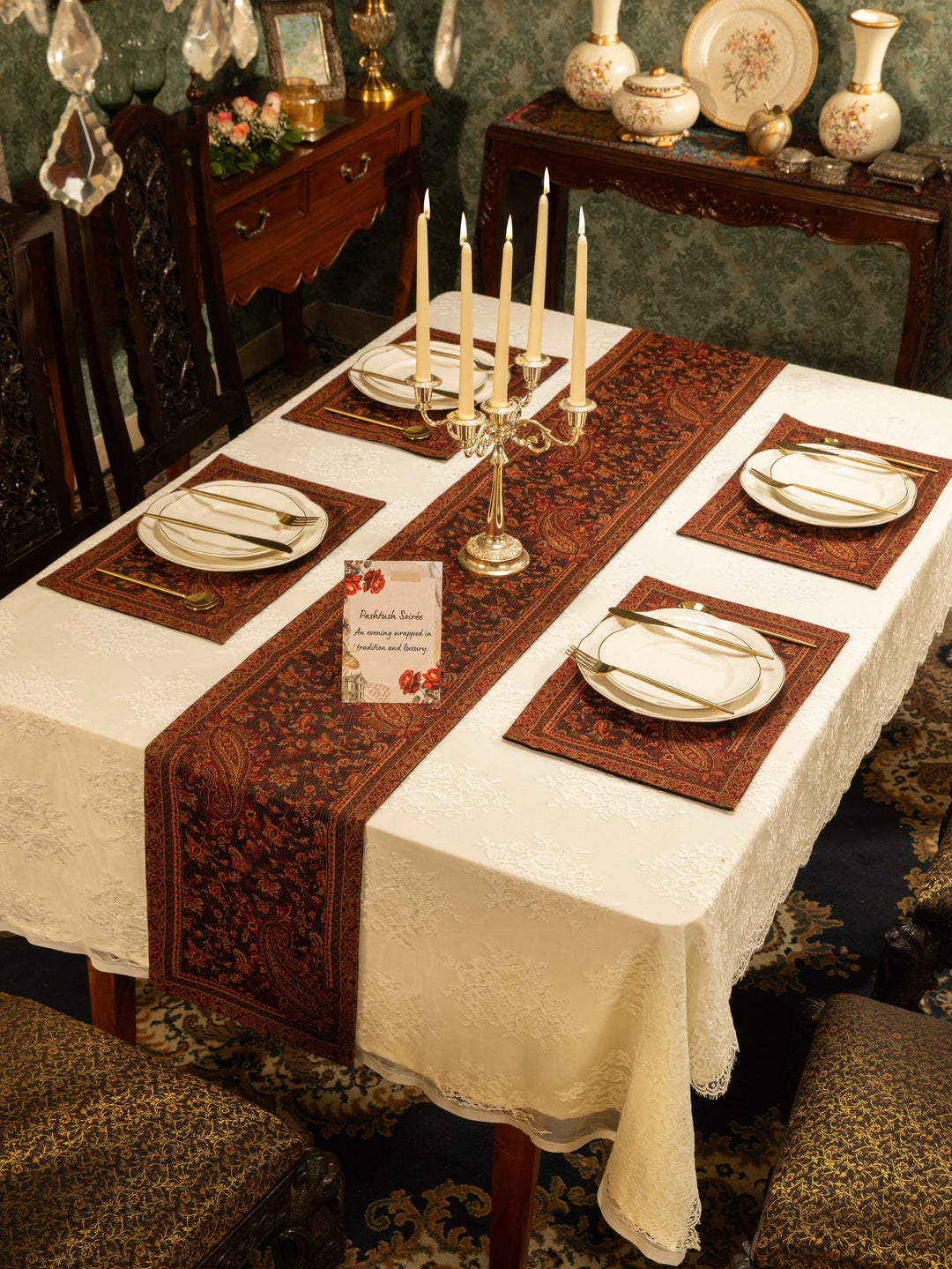 Pashtush India Gift Pack Pashtush Luxury Table Runner with Mats Set, Jamawar Collection, Coffee Brown